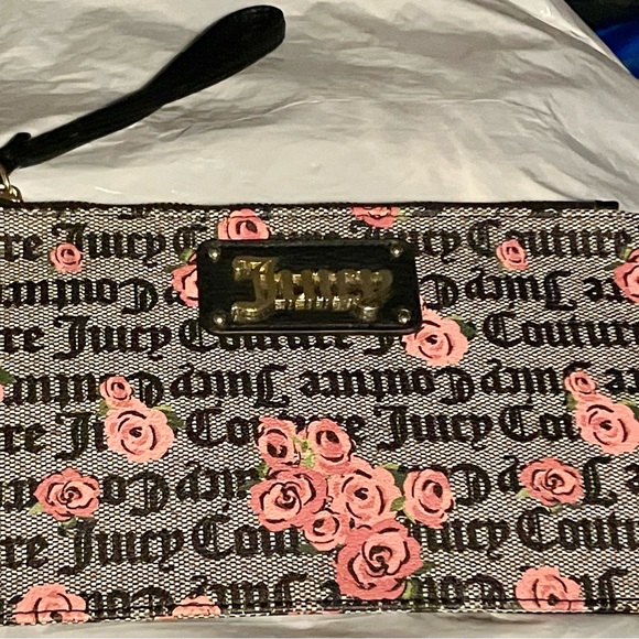 Juicy Couture Handbags - Juicy Couture Furget Me Not Black and Pink Floral Faux Leather Zipper Wristlet
